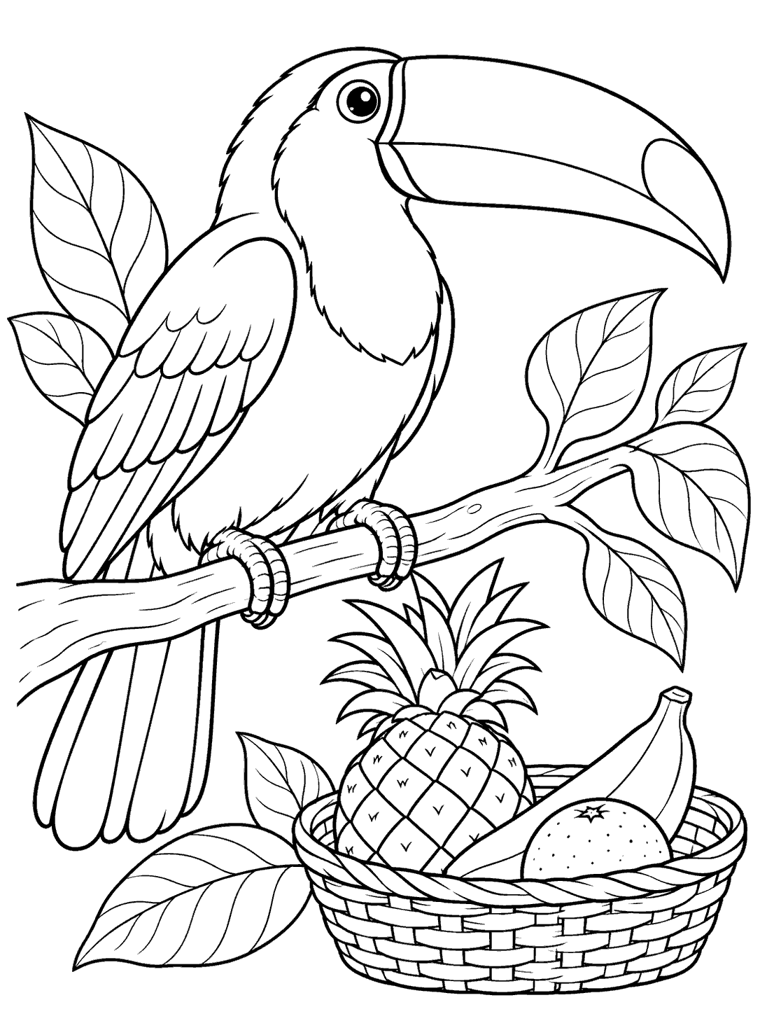Black line art coloring page showing a large-billed toucan perched on a branch above a basket with a pineapple, banana, and citrus fruit.