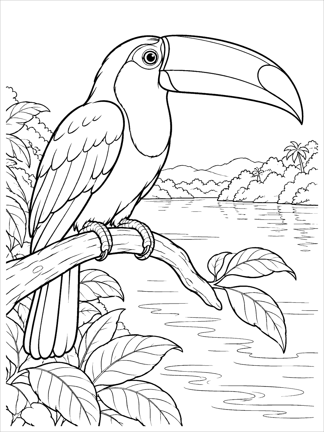 Toucan perched beside a tropical river coloring page