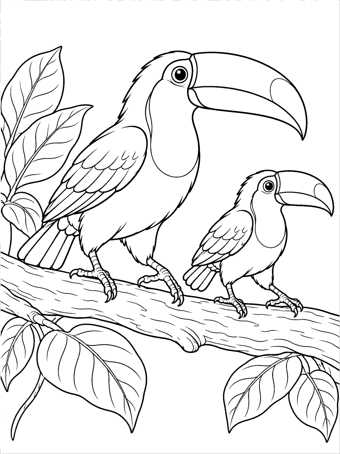 Adult and juvenile toucans with oversized curved bills walking along a branch in a black-and-white coloring page.