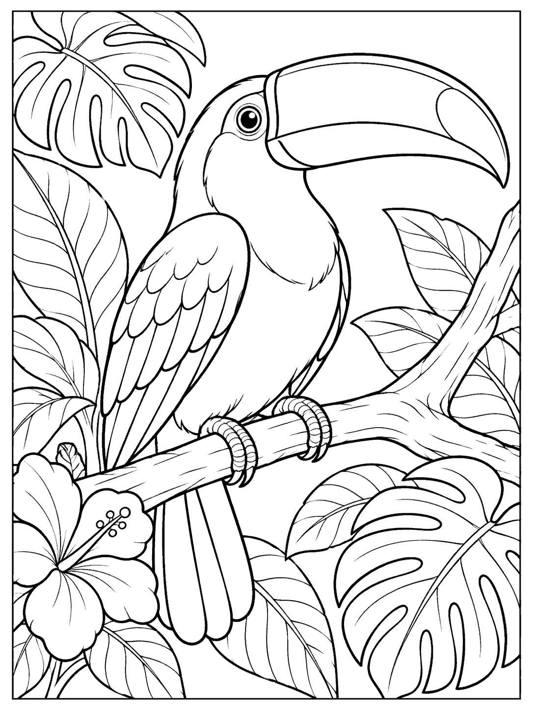 Black line art coloring page of a toucan with a large curved bill perched among tropical leaves and a flower.
