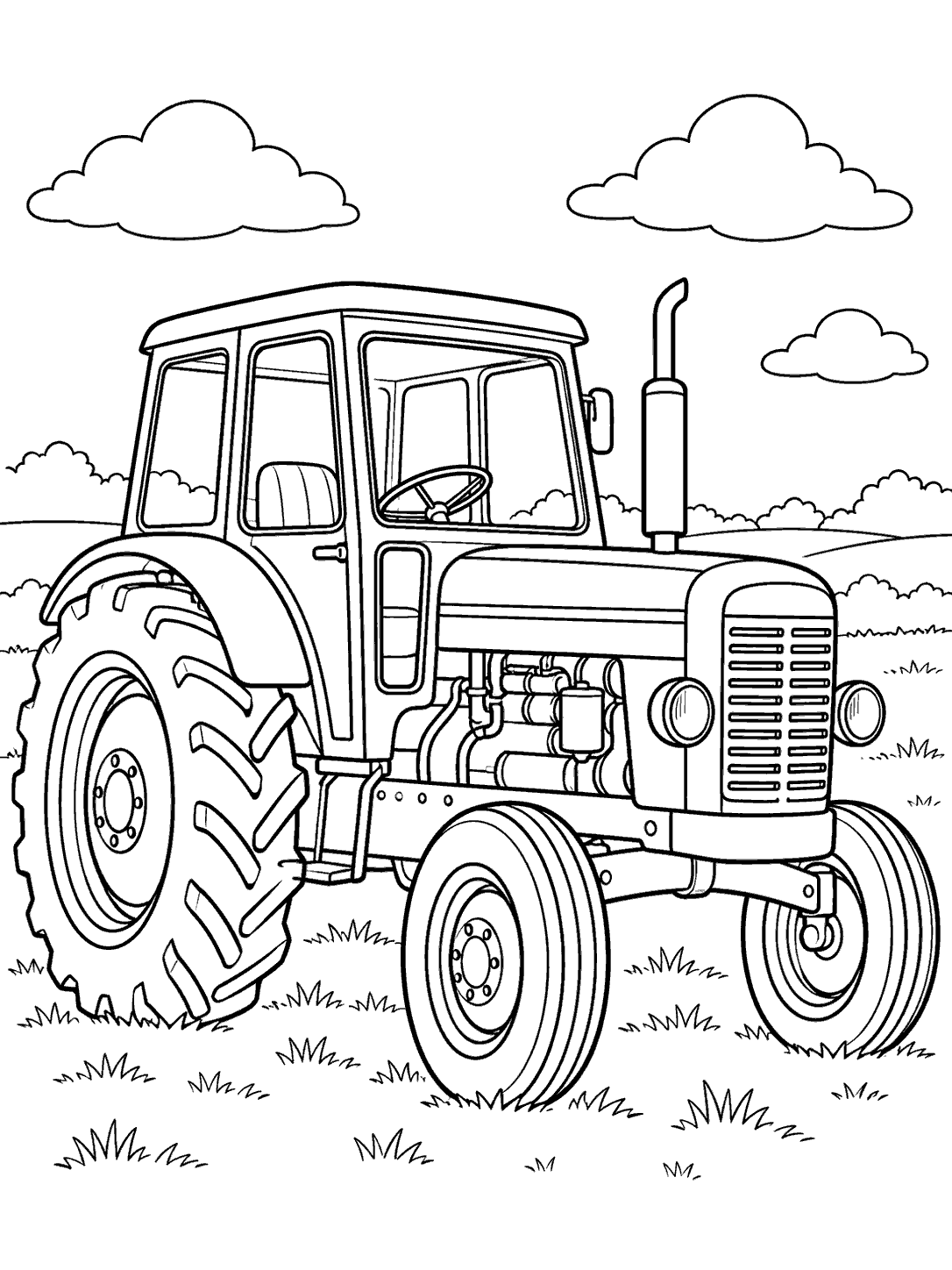 Classic farm tractor with large rear wheels, a clear cab, and clouds overhead