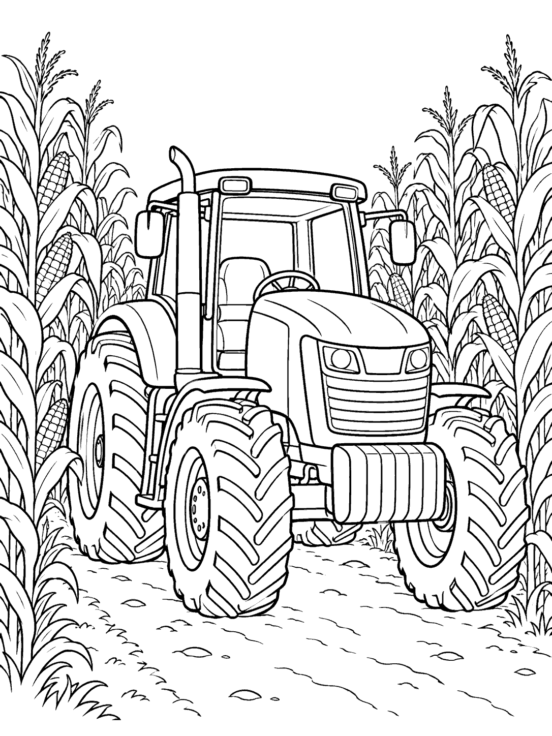 Large tractor driving along a path between tall corn rows