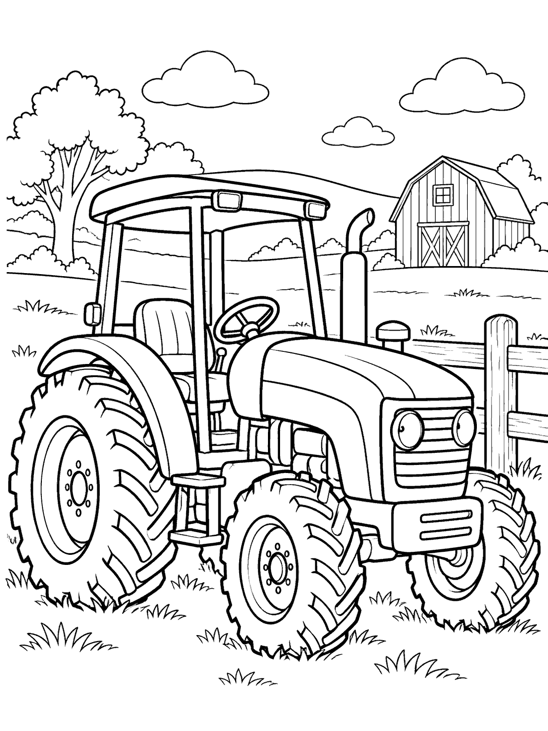 Large farm tractor beside a wooden fence, with a barn, trees, and grassy patches in the background.