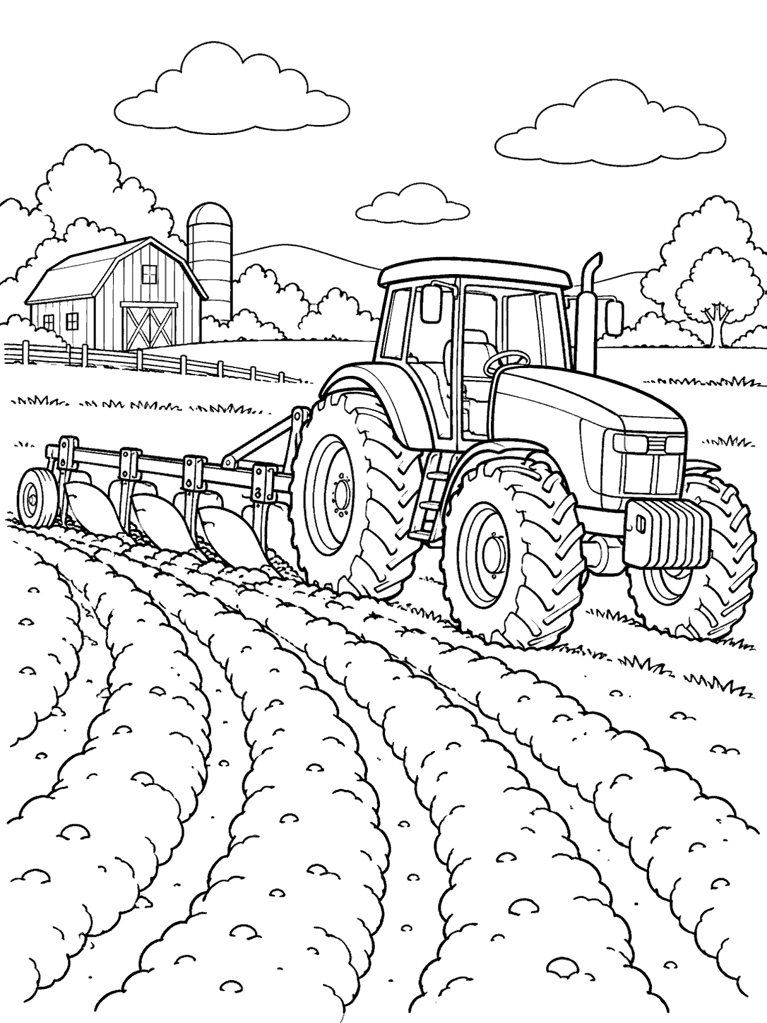 Tractor pulling a multi-blade plow across a field with furrows leading toward the foreground.