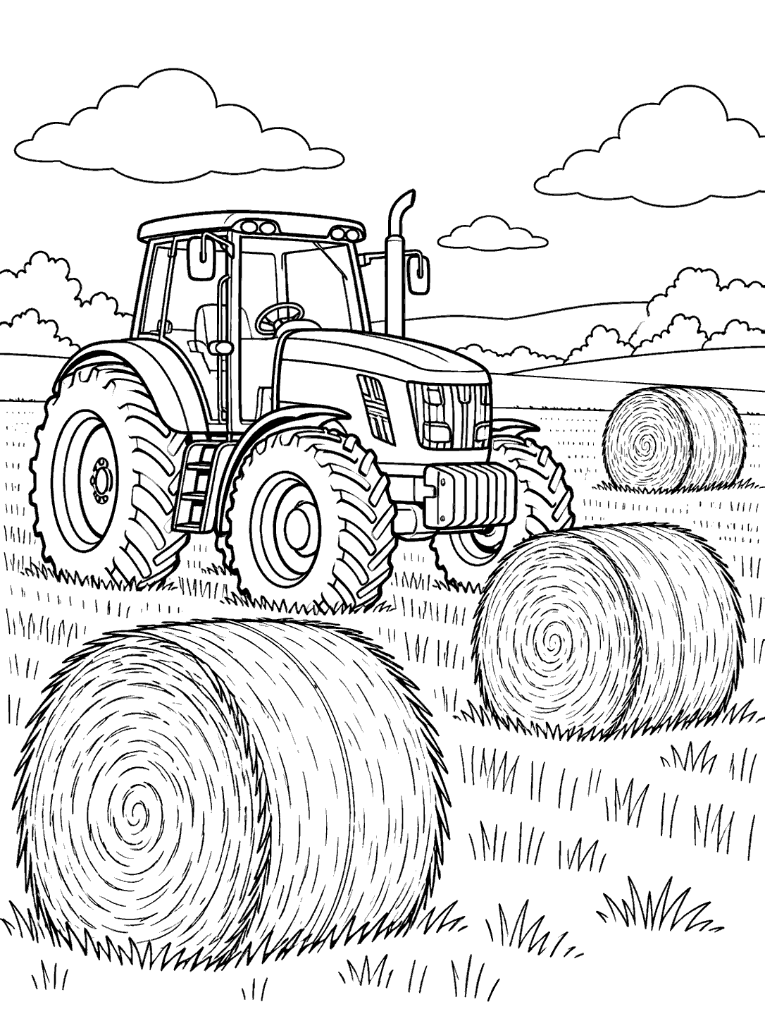 Black-and-white coloring page showing a tractor beside three round hay bales in a grassy harvested field.