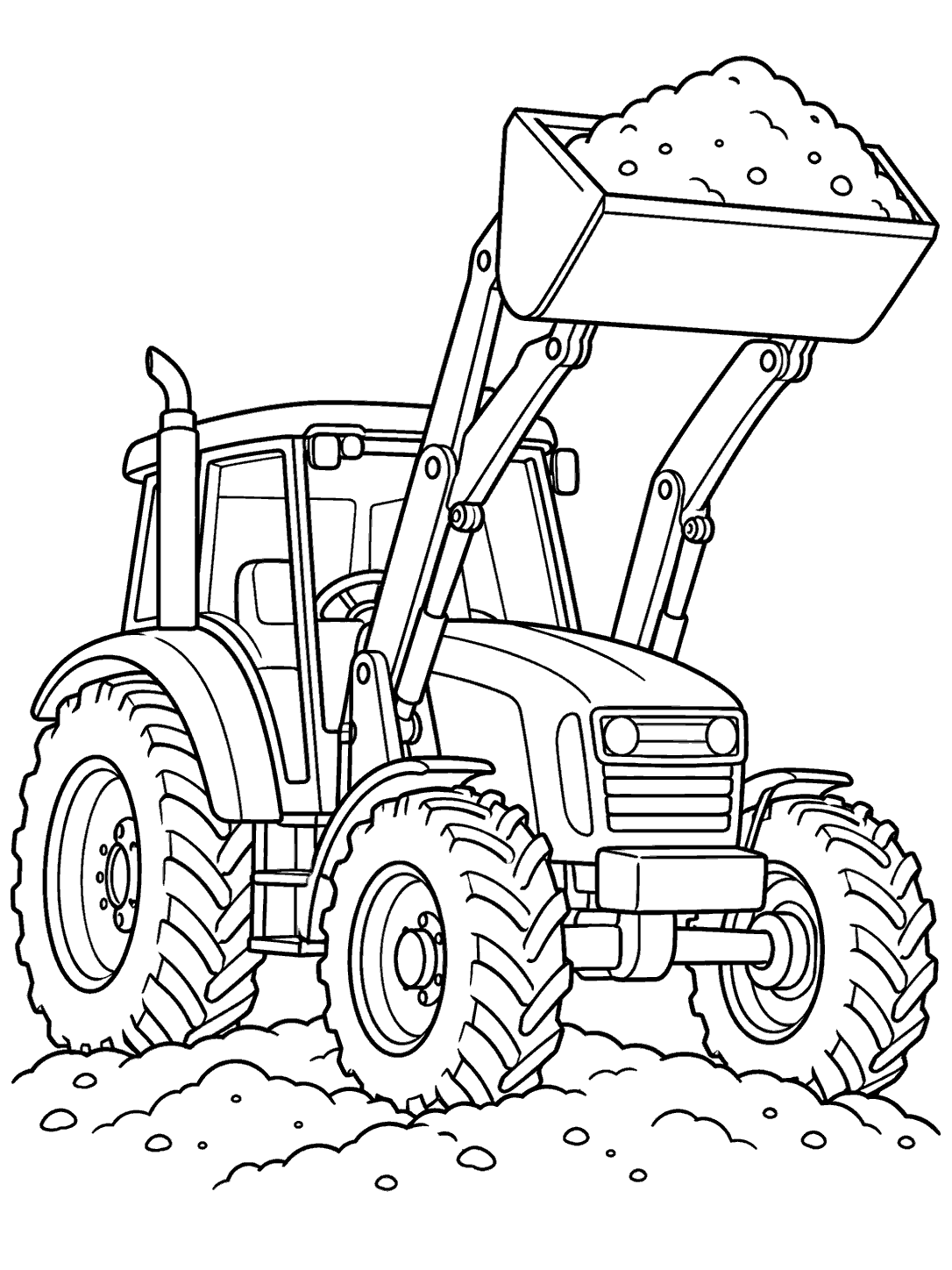 Black-and-white tractor coloring page with raised front-loader bucket holding soil.