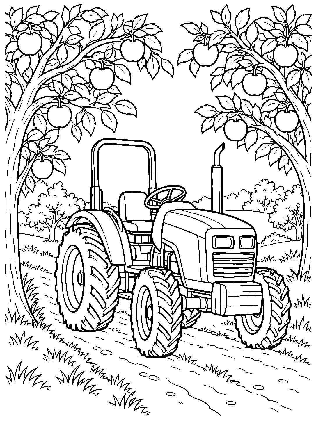 Black-and-white coloring page showing a tractor on a path between apple trees, with apples on overhead branches.