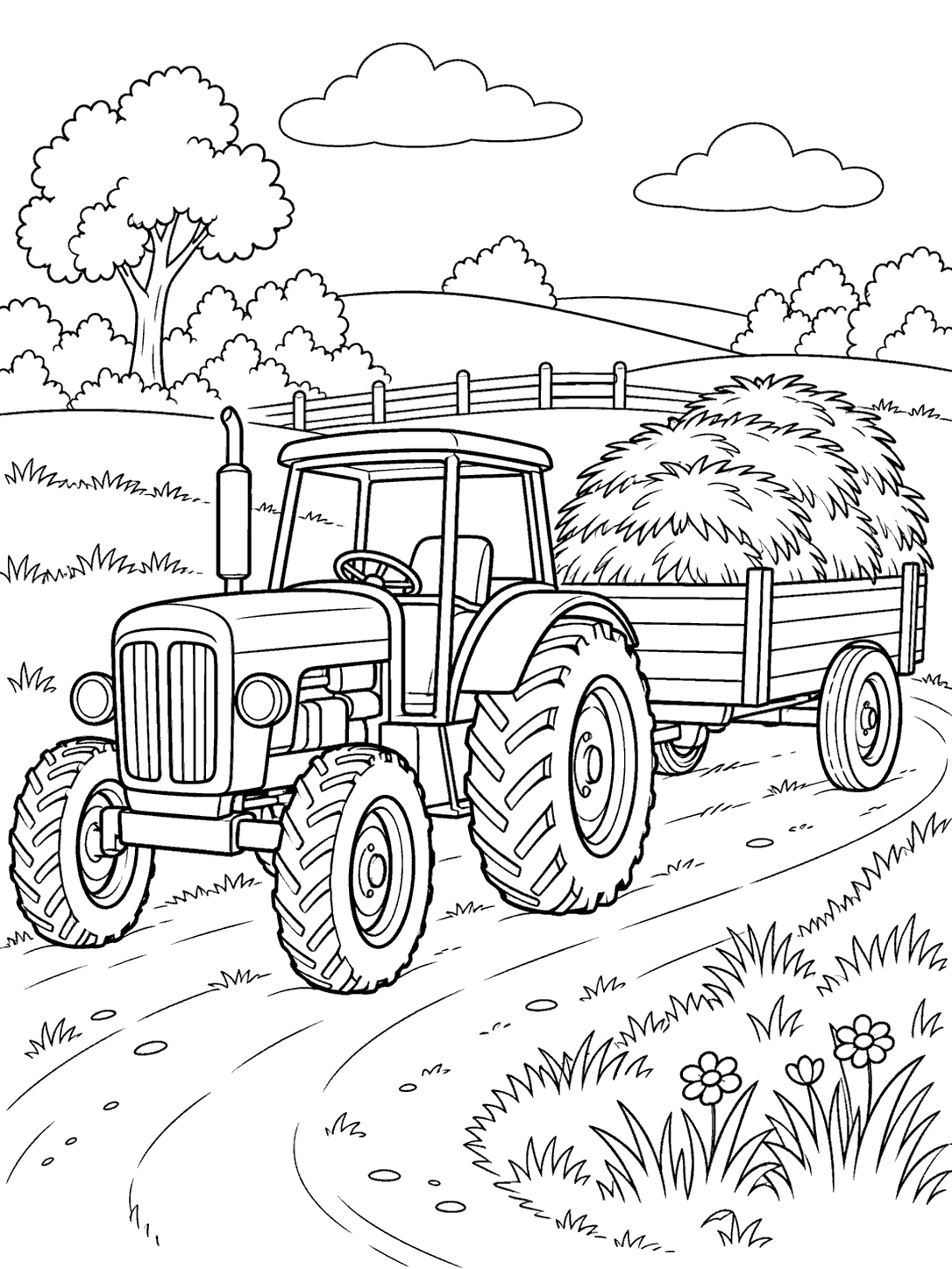A tractor pulling a two-wheeled wagon piled with hay on a country lane, with a fence, trees, and flowers in the background.
