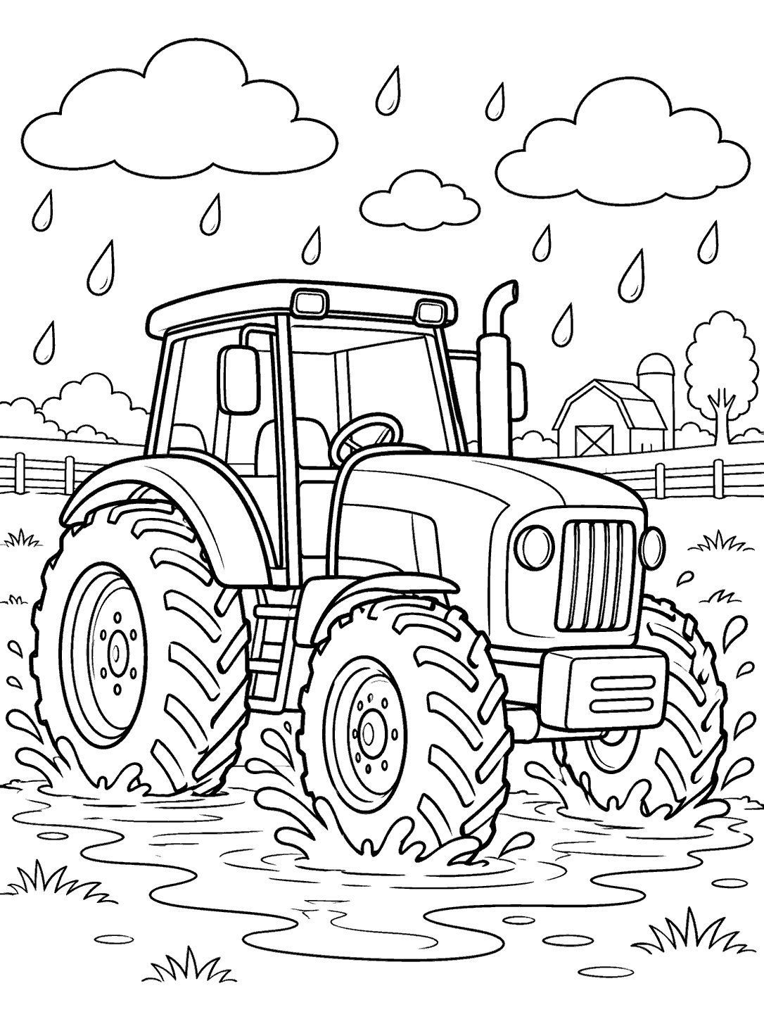 Large farm tractor splashing through a puddle beneath clouds and raindrops, with a barn and fence in the background