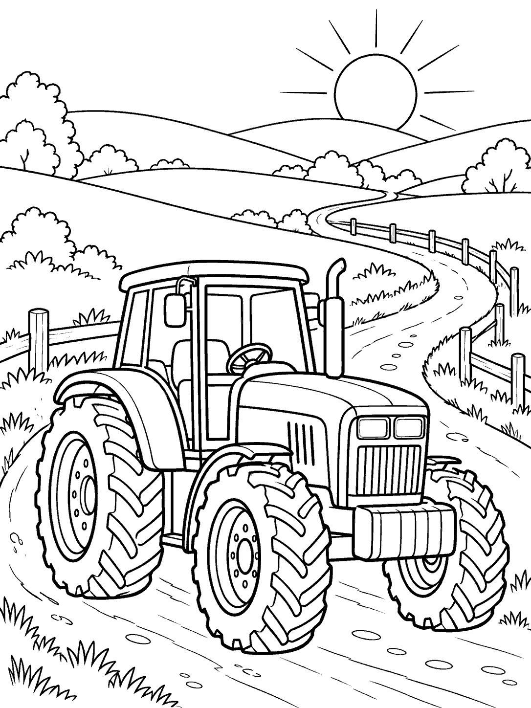 Tractor on a winding country road with rolling hills, fence posts, and a sun