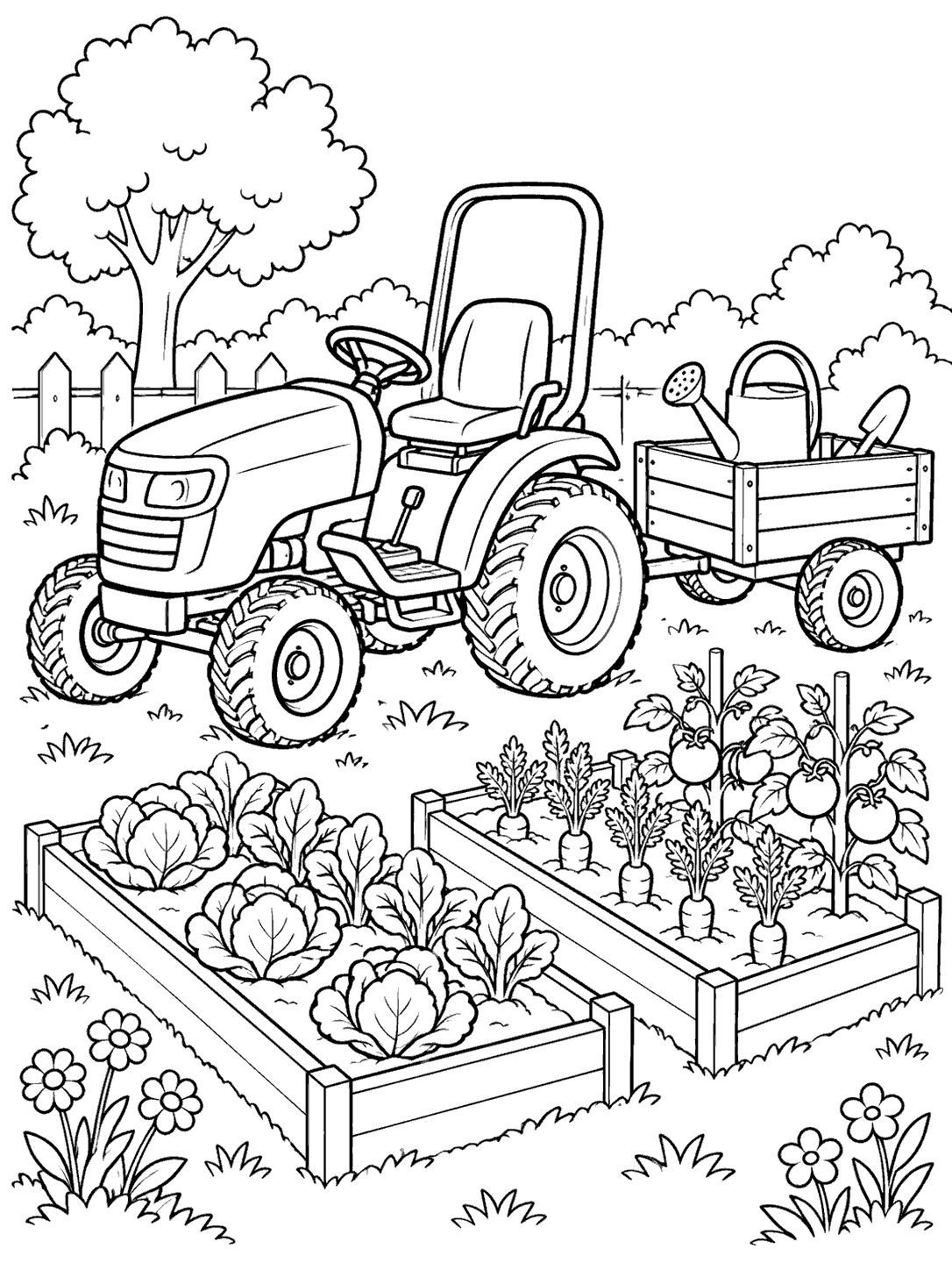 Black-and-white garden tractor towing a small cart with a watering can and trowel beside two raised vegetable beds, flowers, a tree, and shrubs.