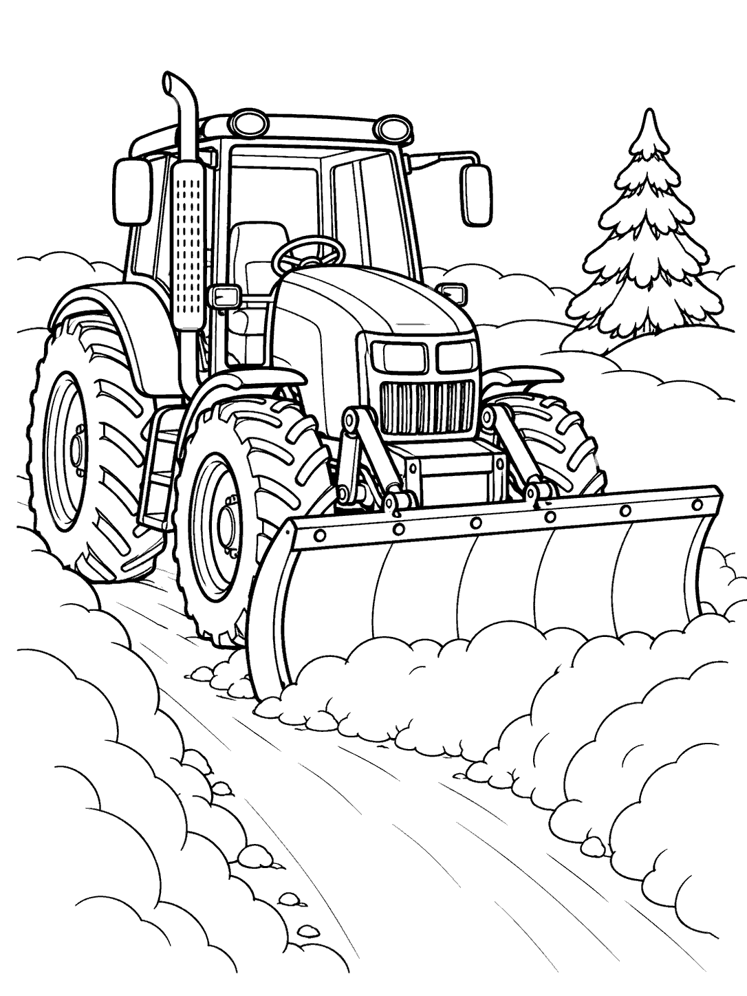A large farm tractor with a wide front snow plow clearing a path between rounded snowbanks, with an evergreen in the background.