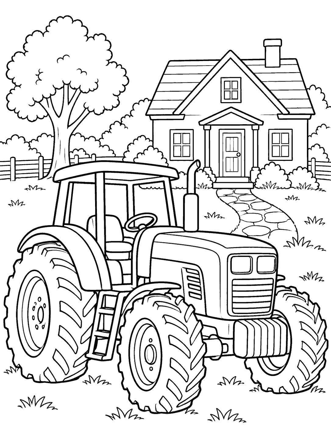 Large outlined tractor parked beside a farmhouse with a walkway, tree, and fence.