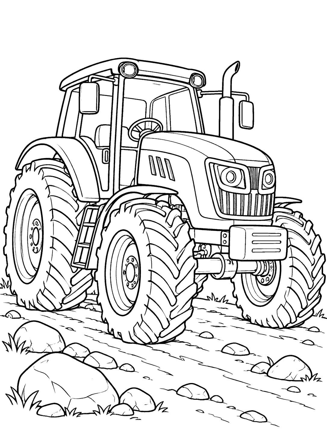 A large farm tractor with deeply treaded oversized tires on a rocky track, drawn in black outlines.