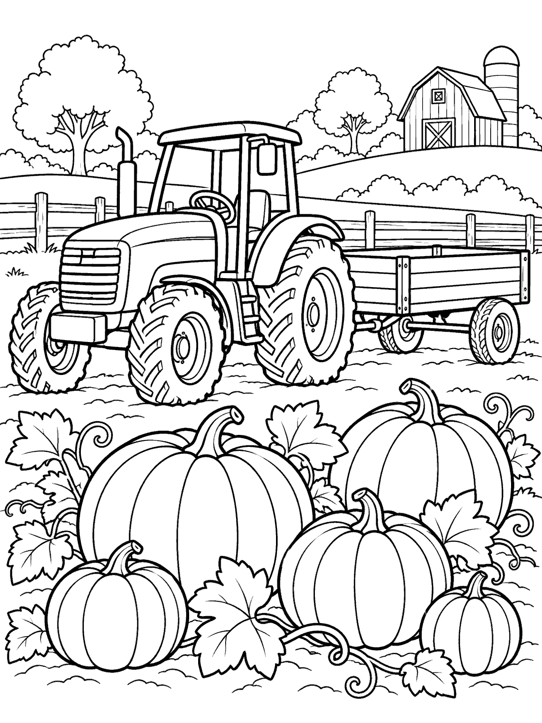 Black-and-white tractor pulling an empty trailer beside five pumpkins, vines, and leaves, with a barn and trees in the background.
