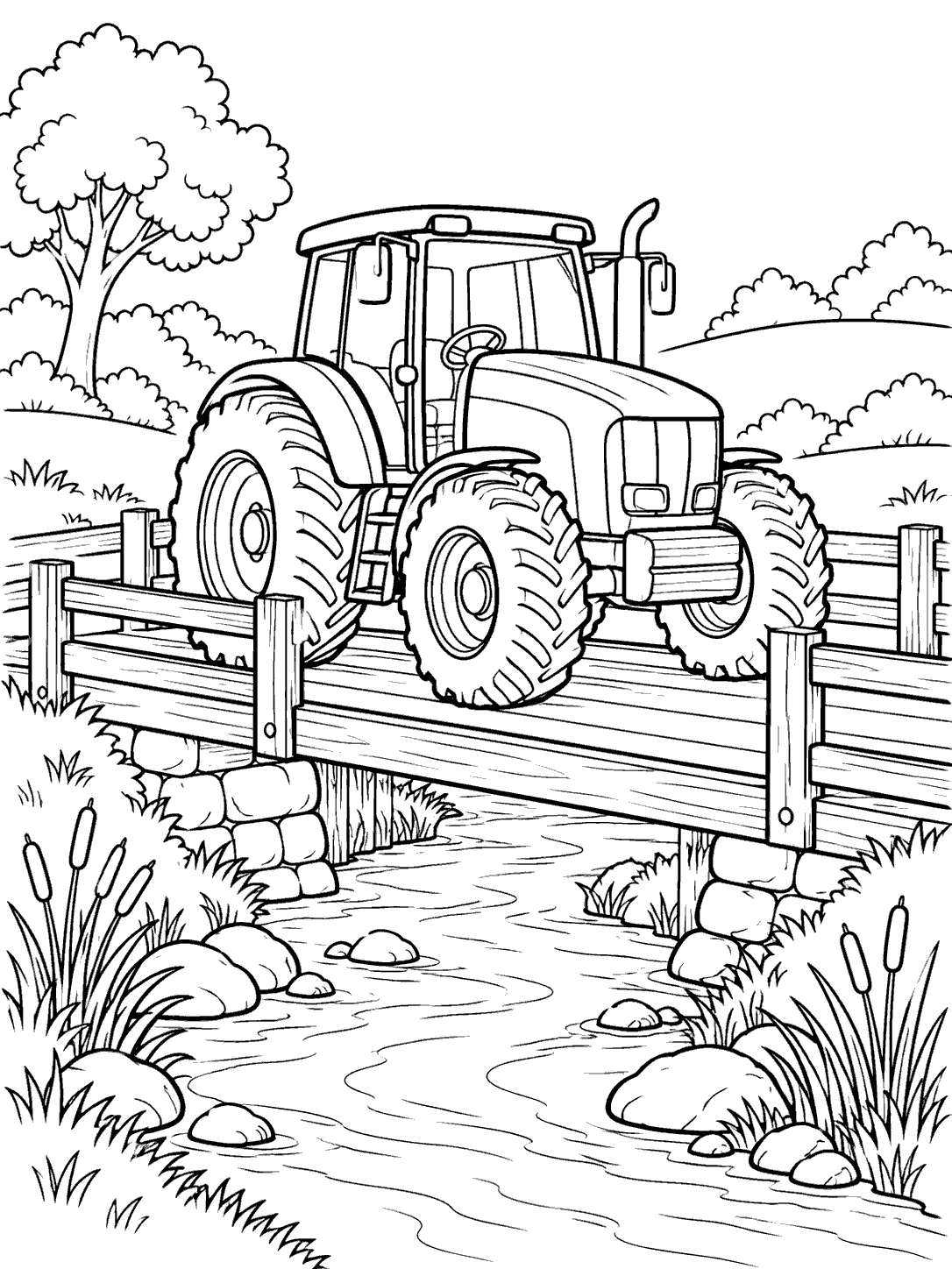 Tractor crossing a wooden bridge over a stream, with stones and reeds along the banks.