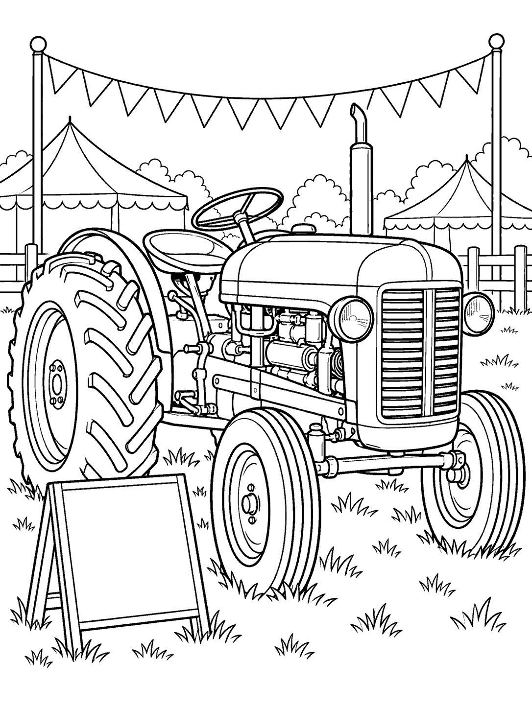 Detailed classic tractor displayed at a country fair beneath triangular bunting, with a blank signboard beside it