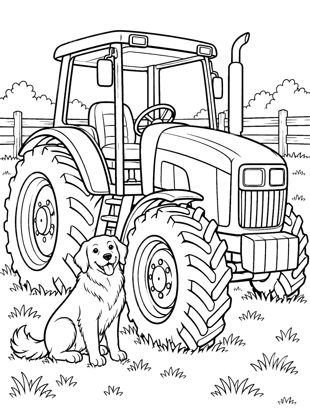 Friendly farm dog sitting beside a tractor, with grass and a fence in the background.