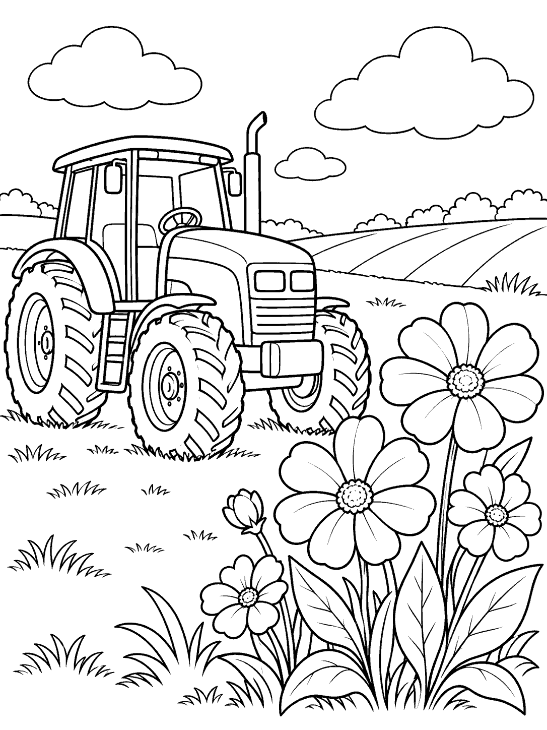 A detailed tractor beside several large flowers, with clouds and rolling fields in the background.