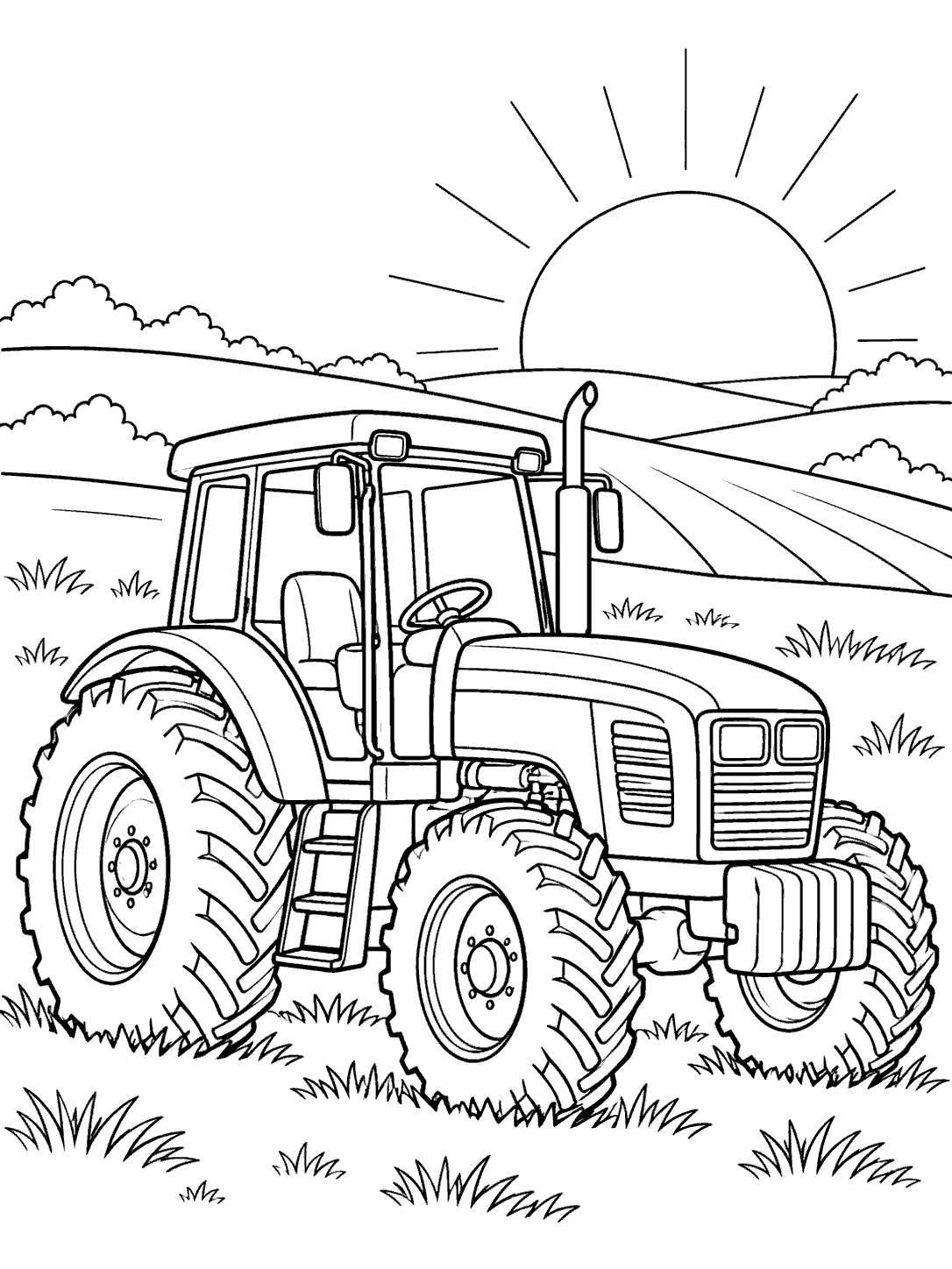Detailed farm tractor in a field with rolling hills, grass, and an outlined setting sun