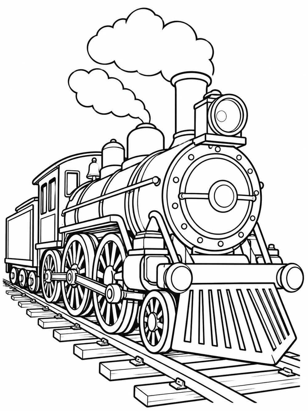 Black-and-white steam locomotive with large wheels, connecting rods, smoke puffs, and railway ties