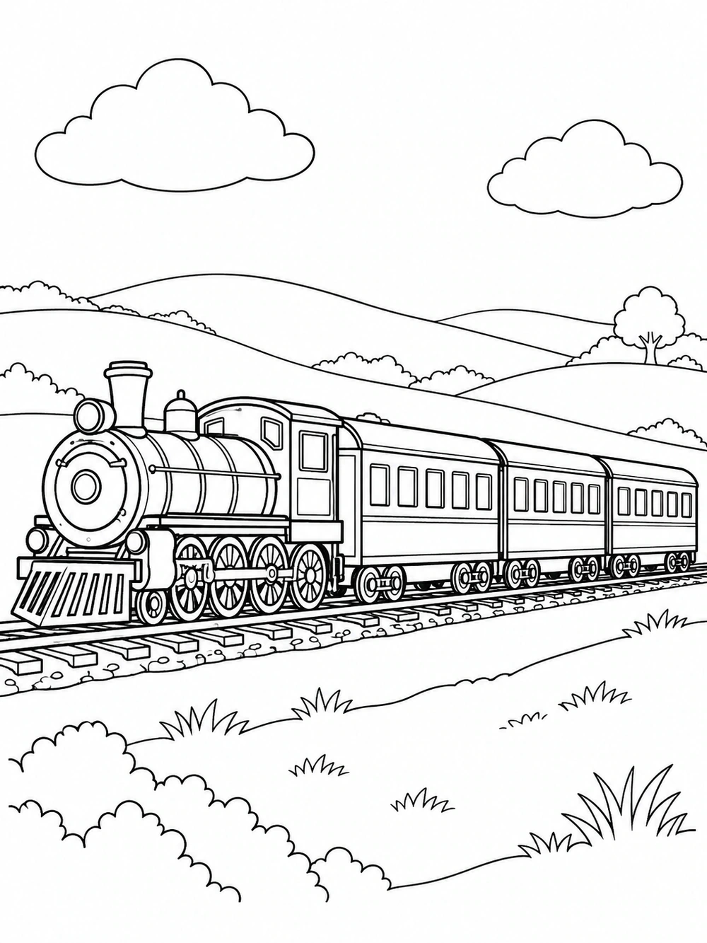Black-and-white coloring page of a long passenger train with three carriages crossing the countryside beneath two clouds.