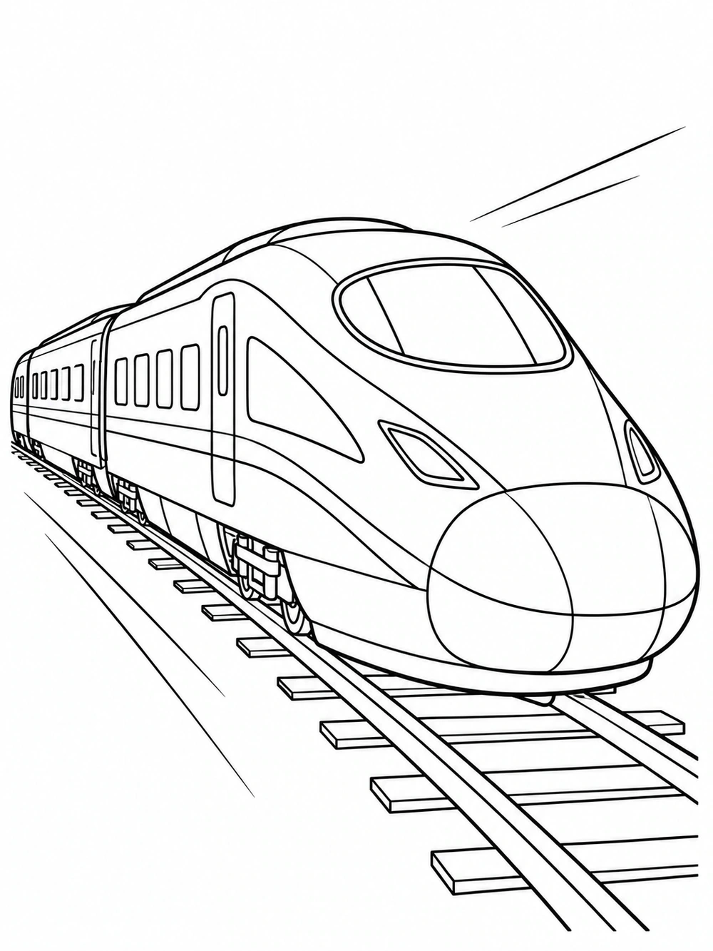 Modern high-speed bullet train seen from the front three-quarter view, with speed lines and tracks.