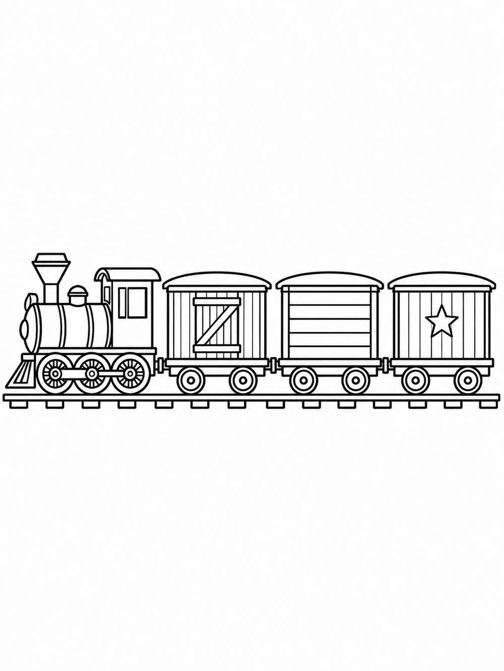 Side-view freight train with a small locomotive and three boxcars featuring a sliding door, horizontal panels, and a star emblem.