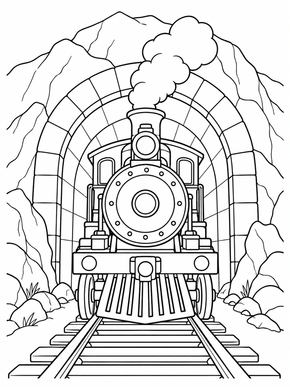 Front-facing steam locomotive with a headlamp and smoke puff emerging from a rocky mountain tunnel, with tracks in the foreground.