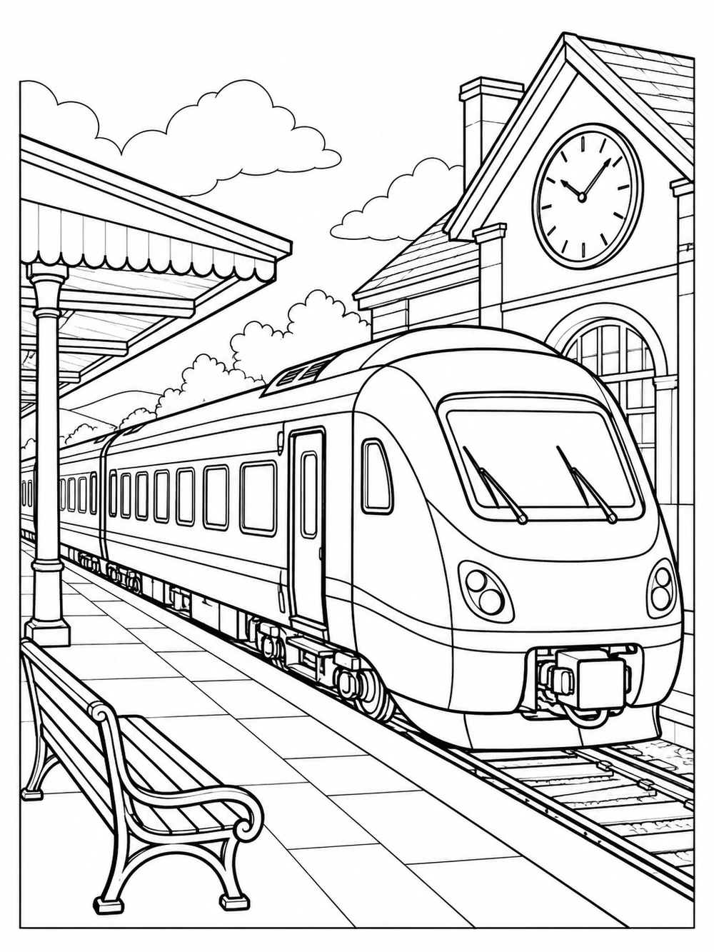 Passenger train at a station, with a large round clock and bench