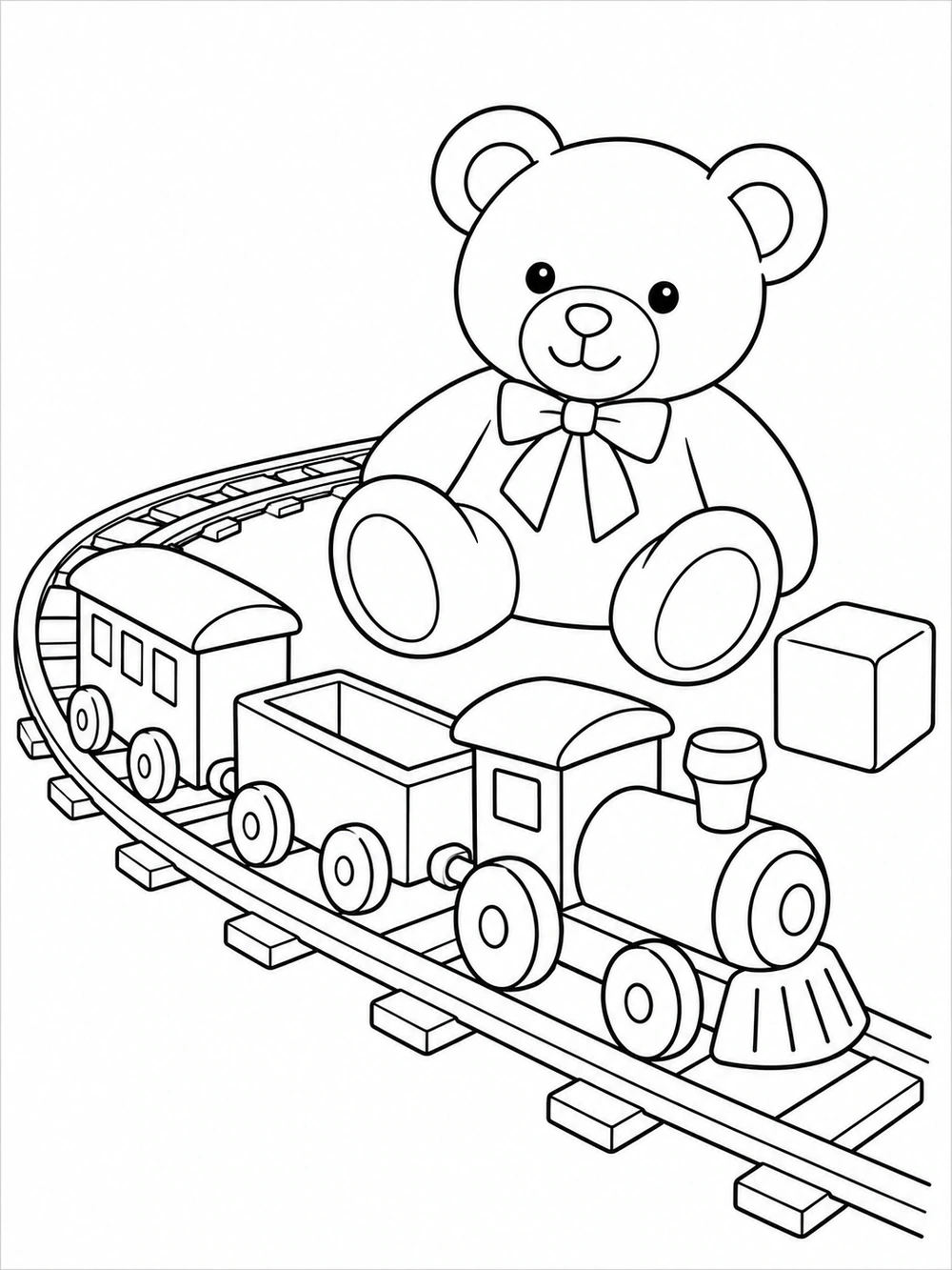 Toy train on a curved track with a teddy bear and wooden block