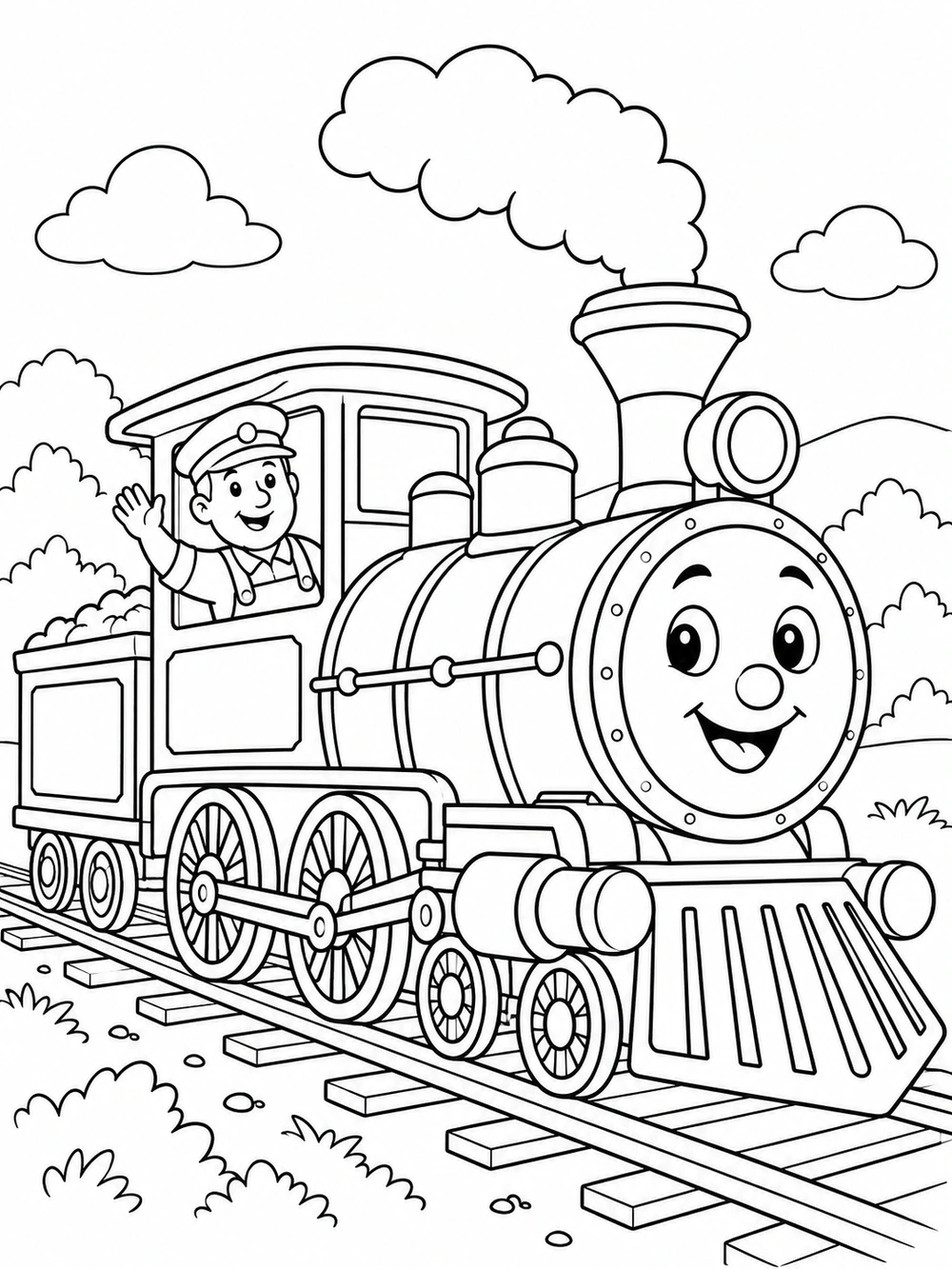 Black-and-white coloring page of a smiling train conductor waving from a friendly locomotive cab, with tracks and clouds.