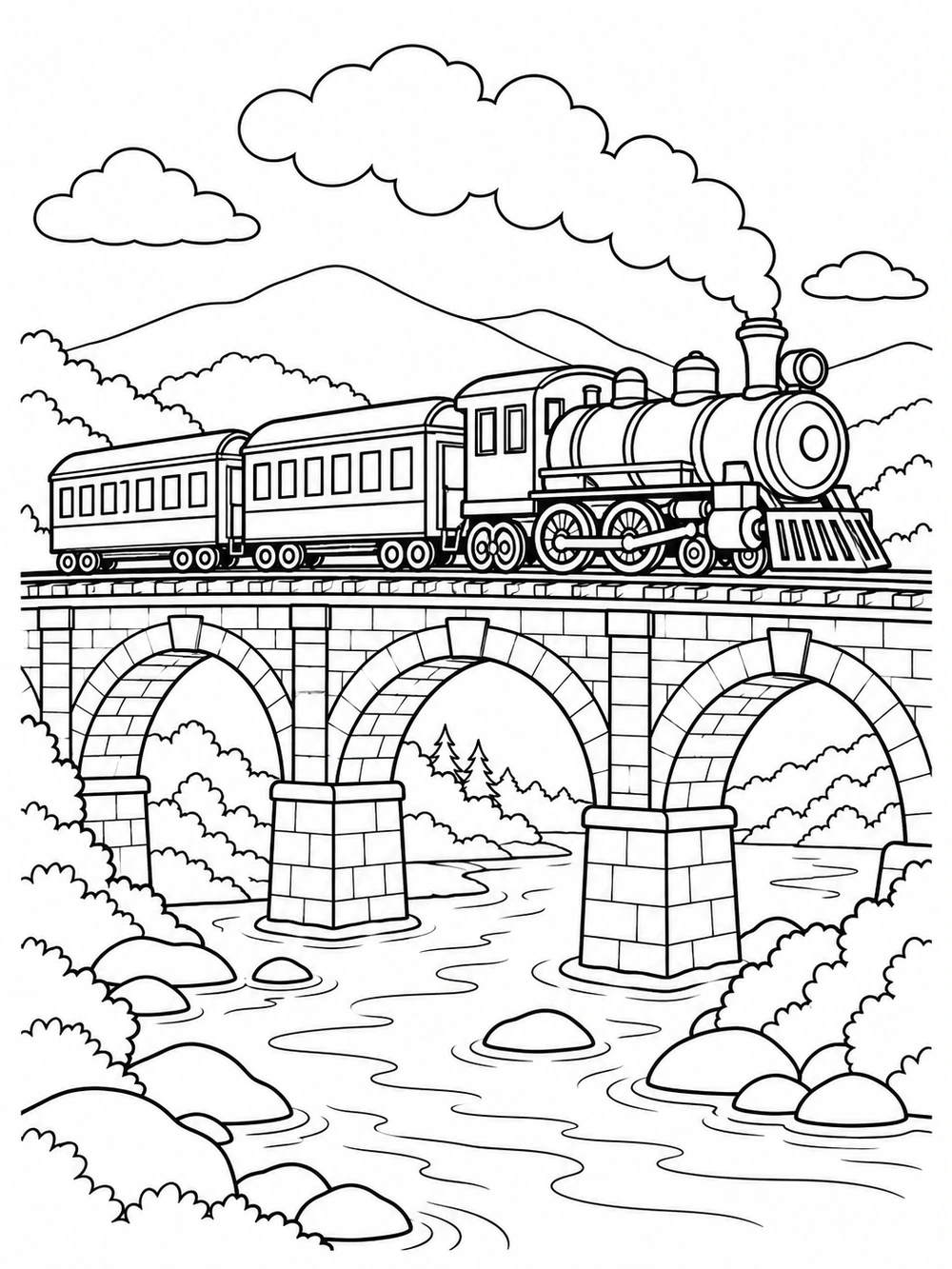 Black-and-white coloring page of a locomotive pulling two passenger cars over a stone railway bridge above a winding river, with hills and ripples.