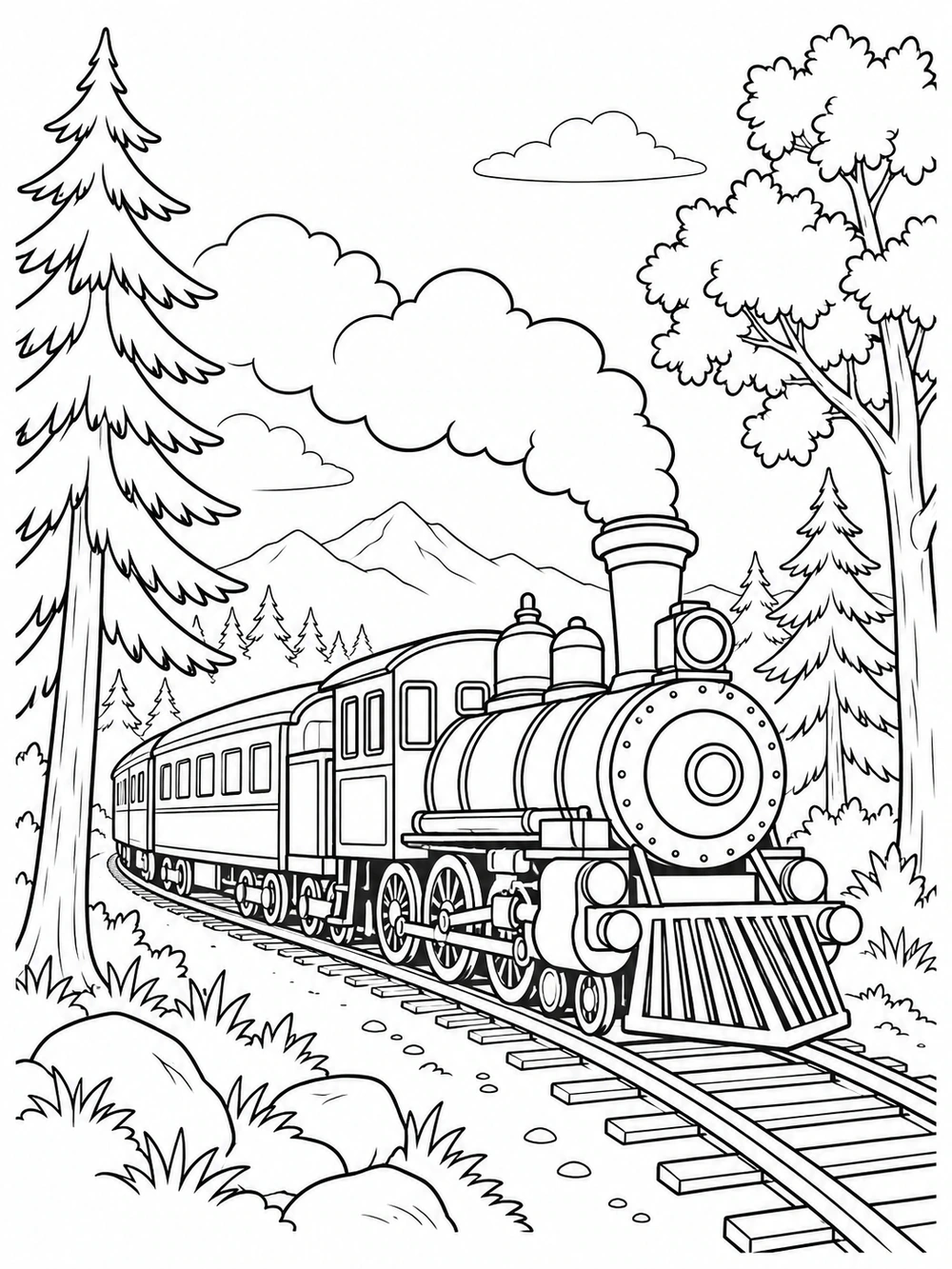 Steam locomotive traveling on a curving track through a forest, framed by evergreen and leafy trees.