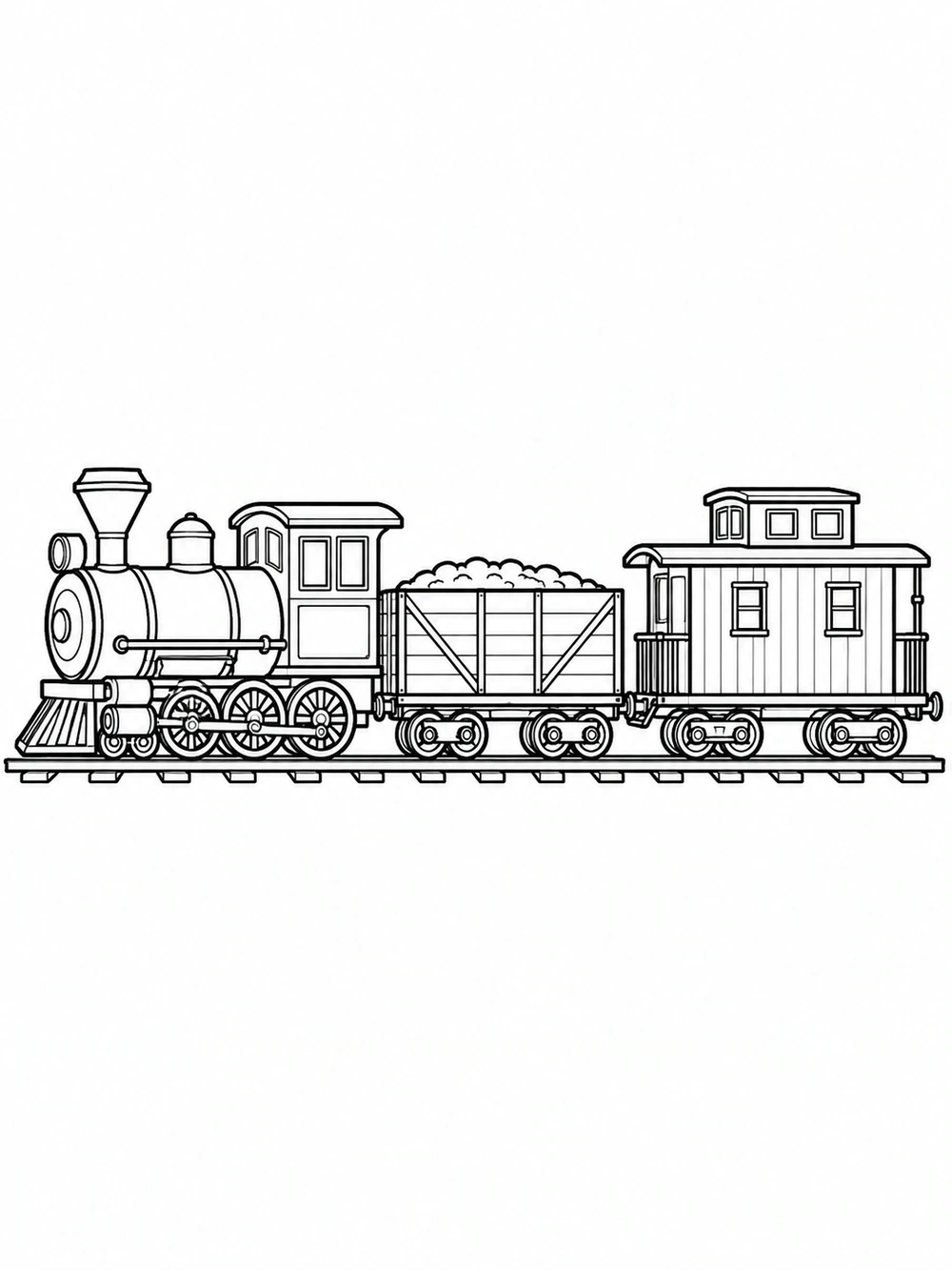 Black outline coloring page of a locomotive, a loaded cargo car, and a caboose with a raised cupola on straight tracks.