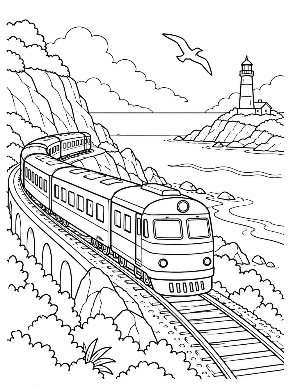 Passenger train on a curved coastal railway beside a lighthouse, waves, and an outlined seabird.