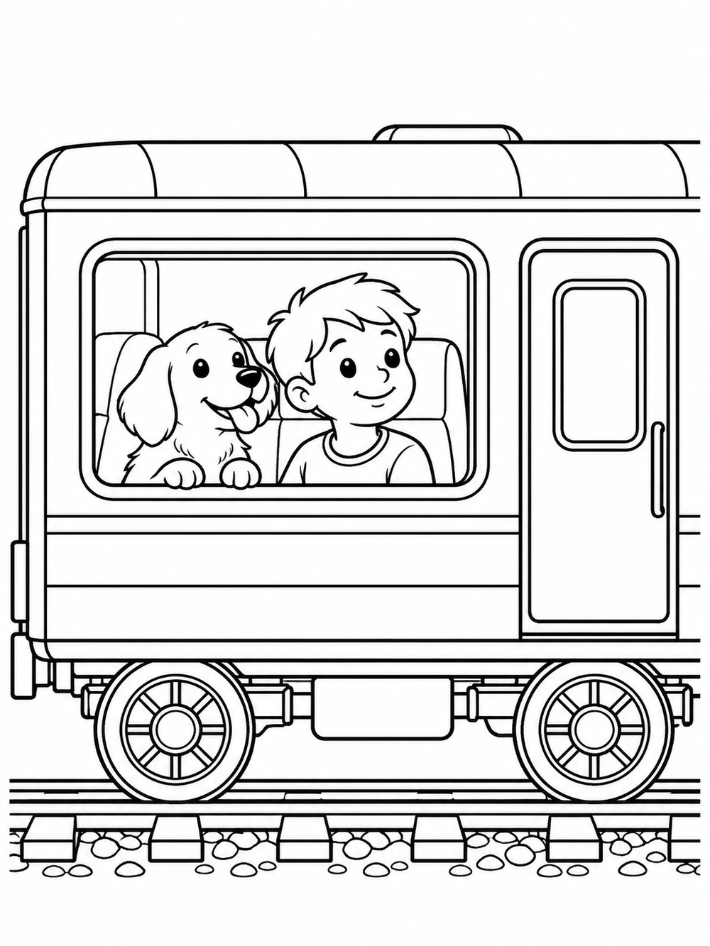 Black-and-white train coloring page showing a friendly dog and child looking out a carriage window, with a door and two wheels.