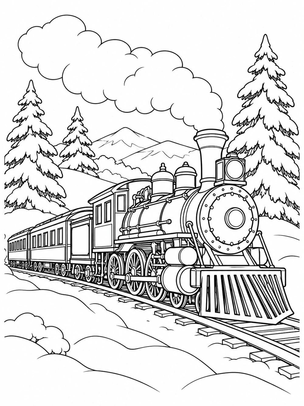 Steam locomotive moving past three snow-covered pine trees through a winter landscape