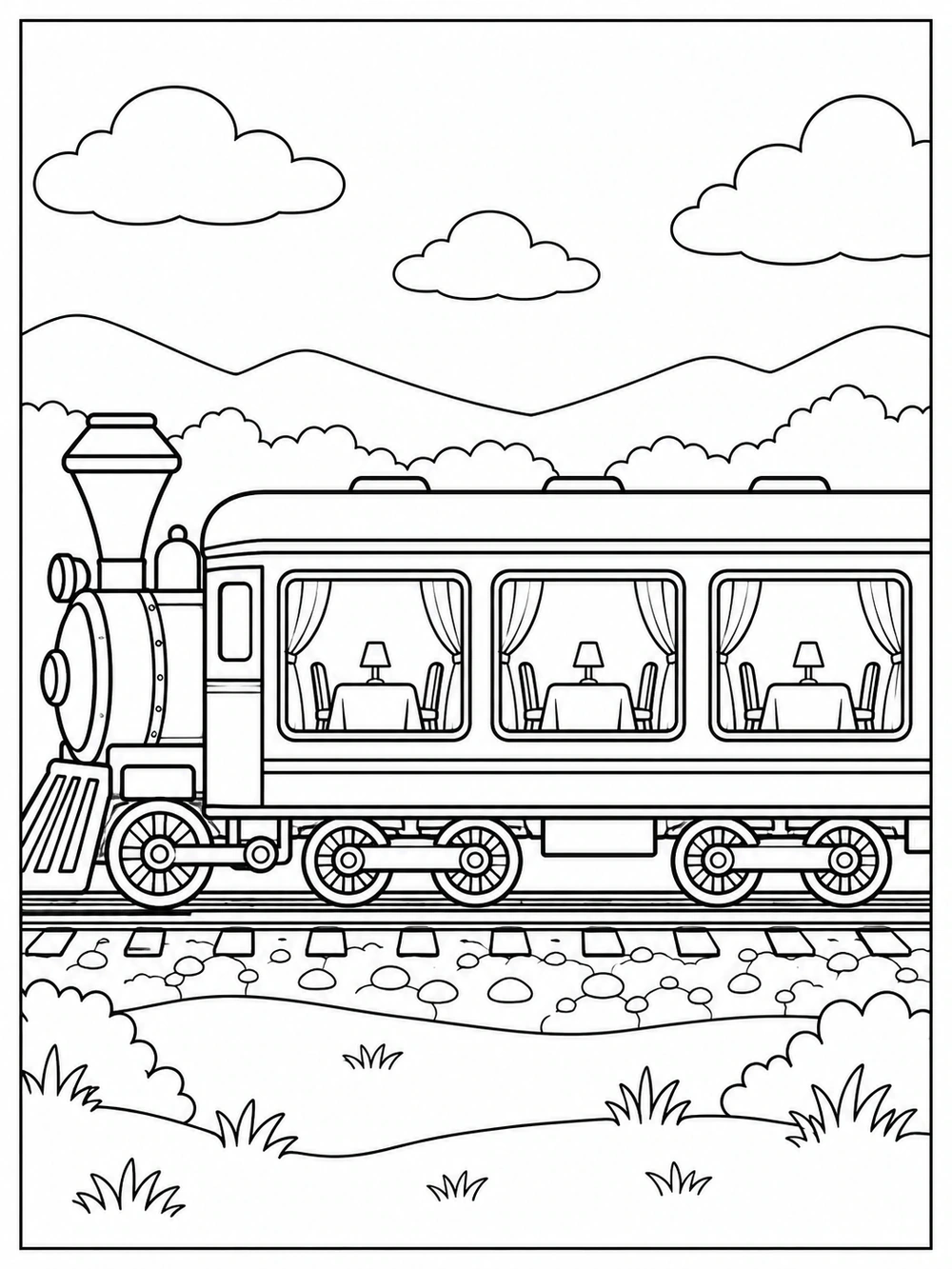 Side-view passenger train dining car with three windows showing tables and chairs, locomotive, wheels, and rail line.