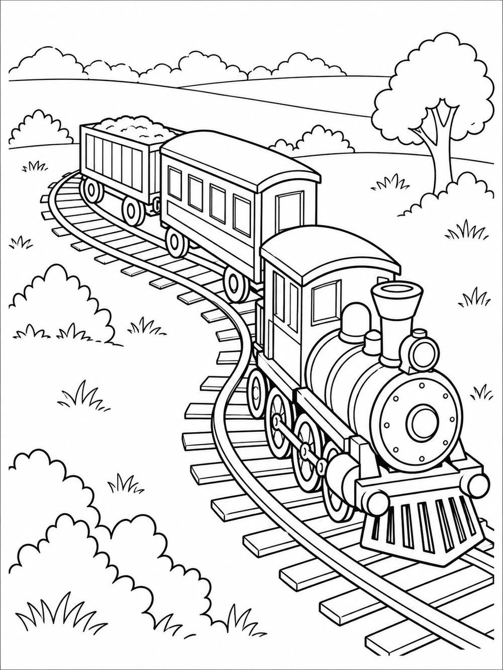A locomotive and two connected cars rounding a curved railway track, with trees and shrubs along the route.
