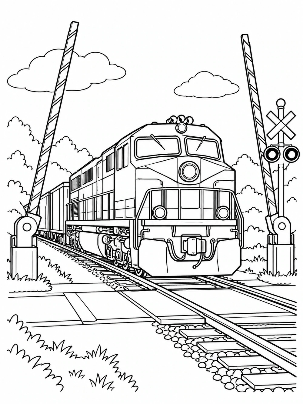Black-and-white coloring page showing a front three-quarter view of a locomotive approaching raised railway crossing gates, with a signal post and tracks extending toward the foreground.