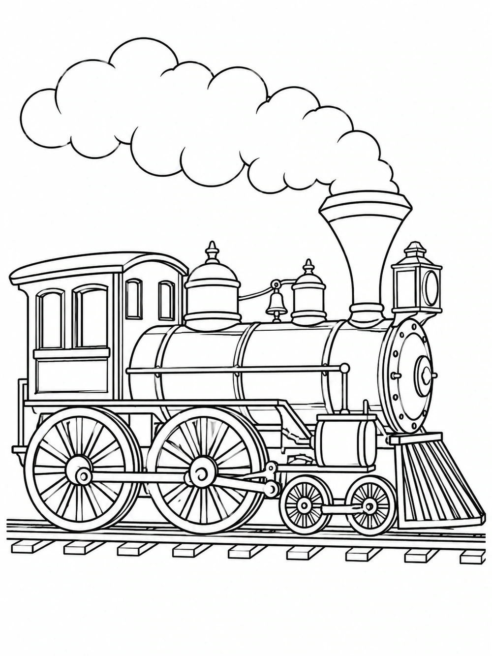 Black-outline side view of a vintage steam locomotive with a tall funnel, spoked wheels, cowcatcher, and steam cloud.