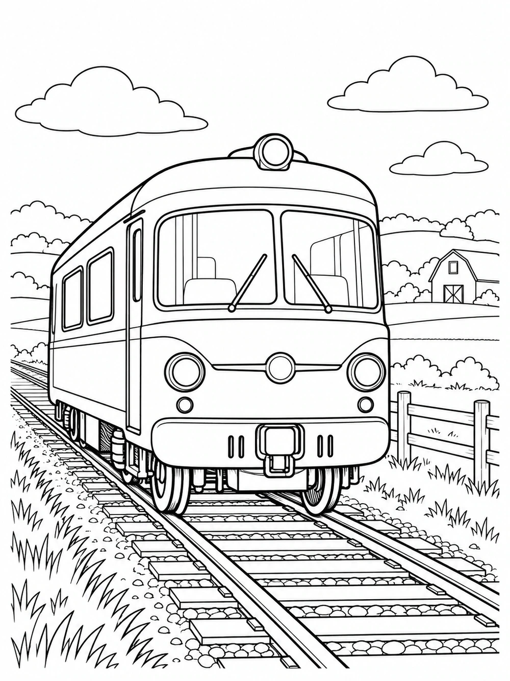 Large single-car railbus on tracks through farmland, with clouds, a fence, and a distant barn.