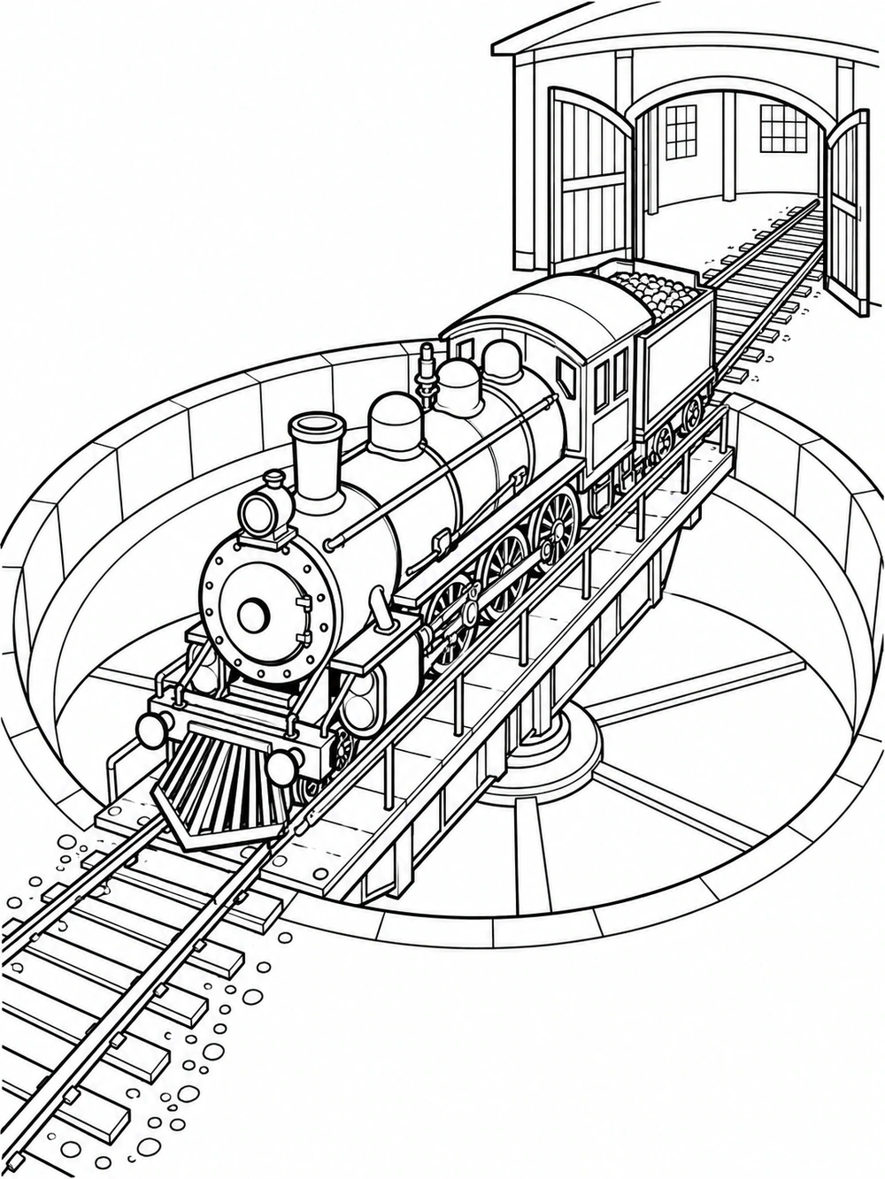 Steam locomotive on a circular railway turntable with track approaches and a roundhouse doorway