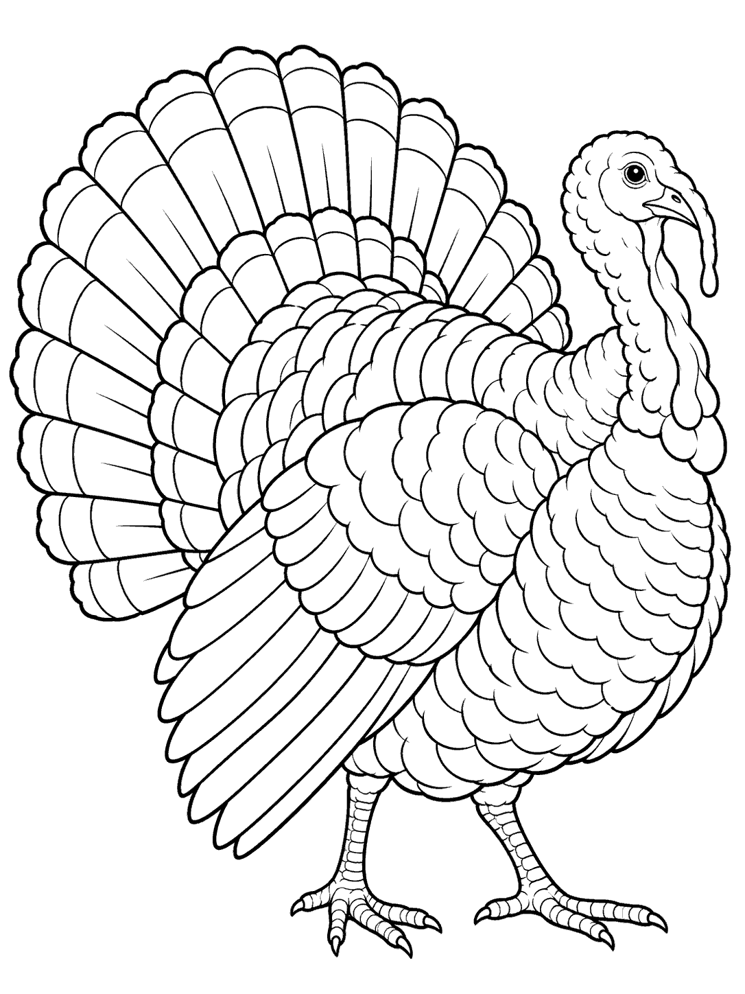 Black-outline coloring page of an adult turkey in profile, standing with a large fan of tail feathers.