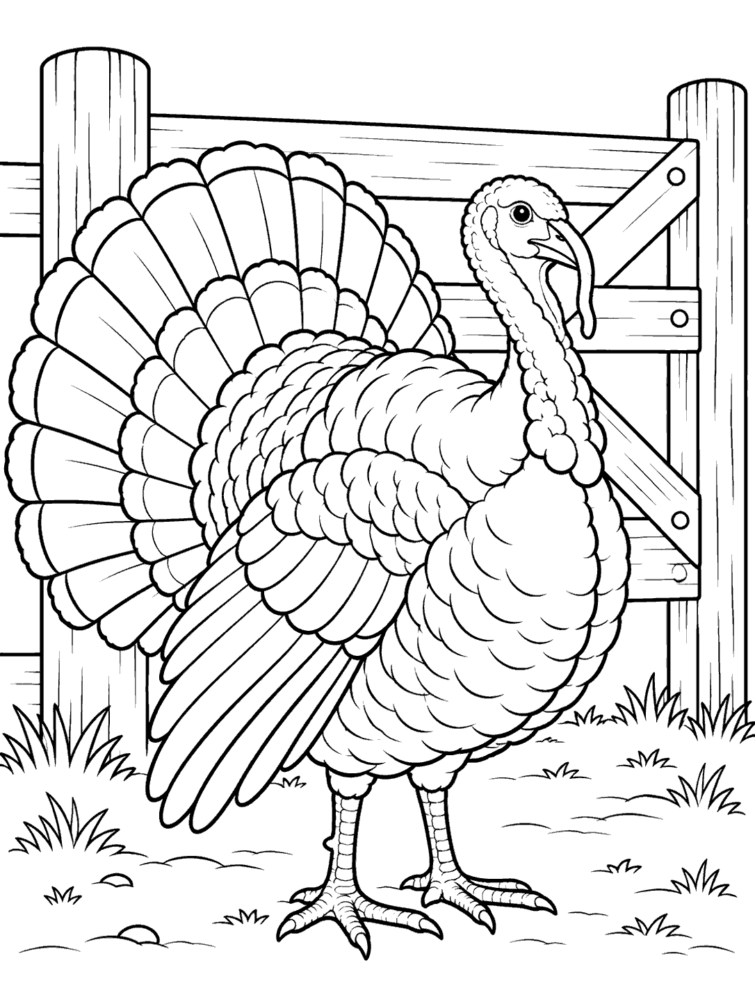 A large turkey with its tail fanned out stands in front of a wooden farm gate, with grass around its feet.