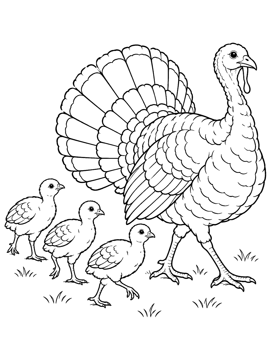 An adult turkey walking with three small poults following behind.