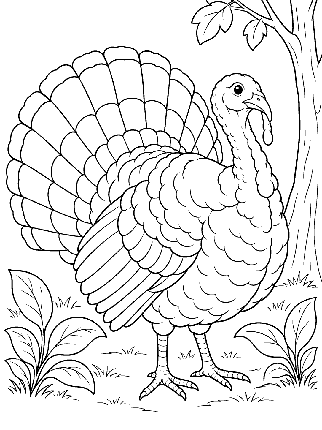 A full-body turkey with a wide fan tail stands between broad-leaf plants beside a tree trunk, in black-and-white line art.