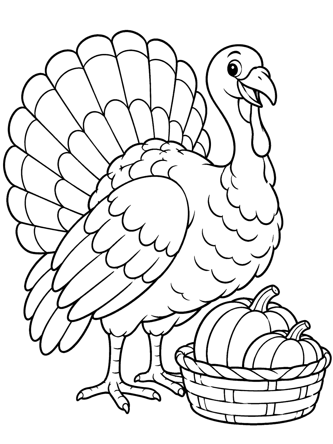 A large standing turkey with a fan-shaped tail beside a woven basket holding two pumpkins.