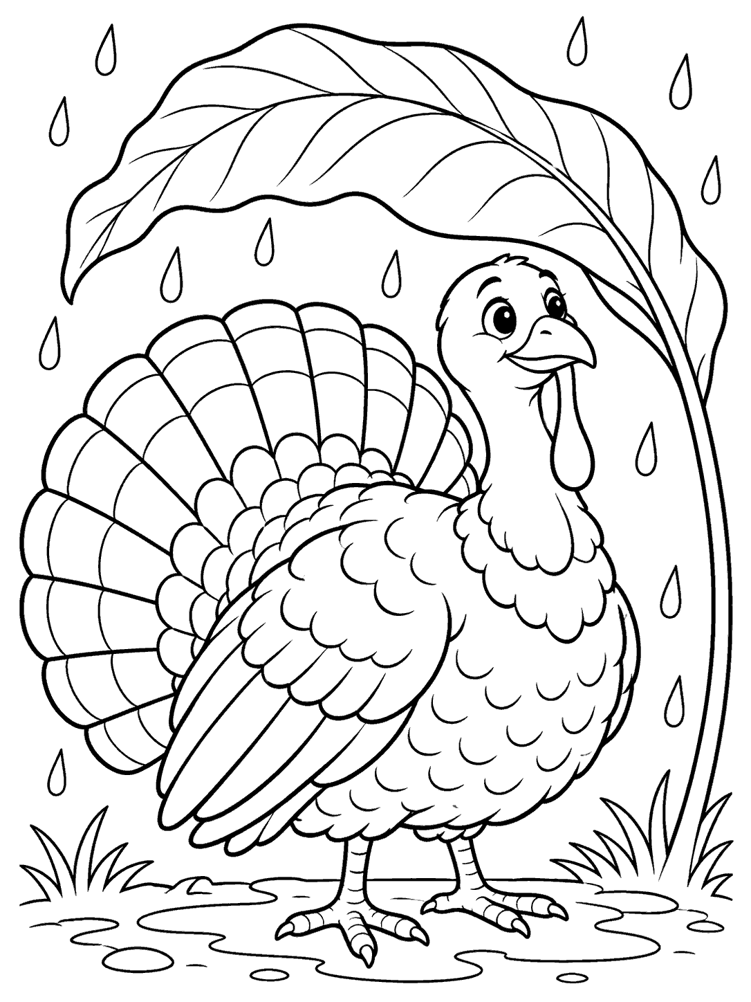 A full-bodied turkey with a calm expression stands beneath a large arching leaf, surrounded by raindrops and a small puddle.